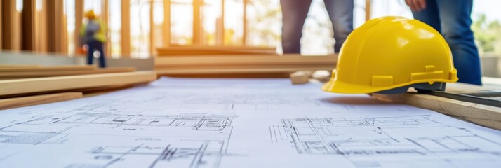 A hard hat rests on top of a detailed construction plan.