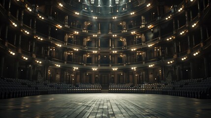 Empty grand theater interior with dramatic lighting, showcasing ornate architecture and wooden stage