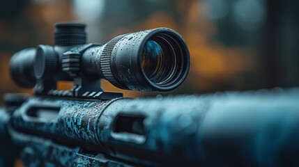 Wet rifle scope with forest backdrop, showing attention to detail and texture