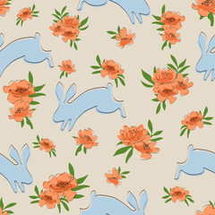Seamless pattern of bunnies and flowers. Rabbits with delicate flowers on a light background. Vector. Design template for home textiles, interiors, bed linen, fabric, packaging.