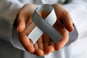 Hands holding a grey ribbon symbolizing brain cancer awareness and support.