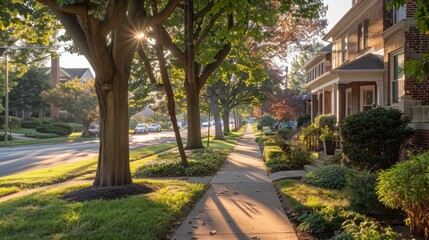Serene suburban street lined with trees, houses, and sunlight filtering through leaves at dusk
