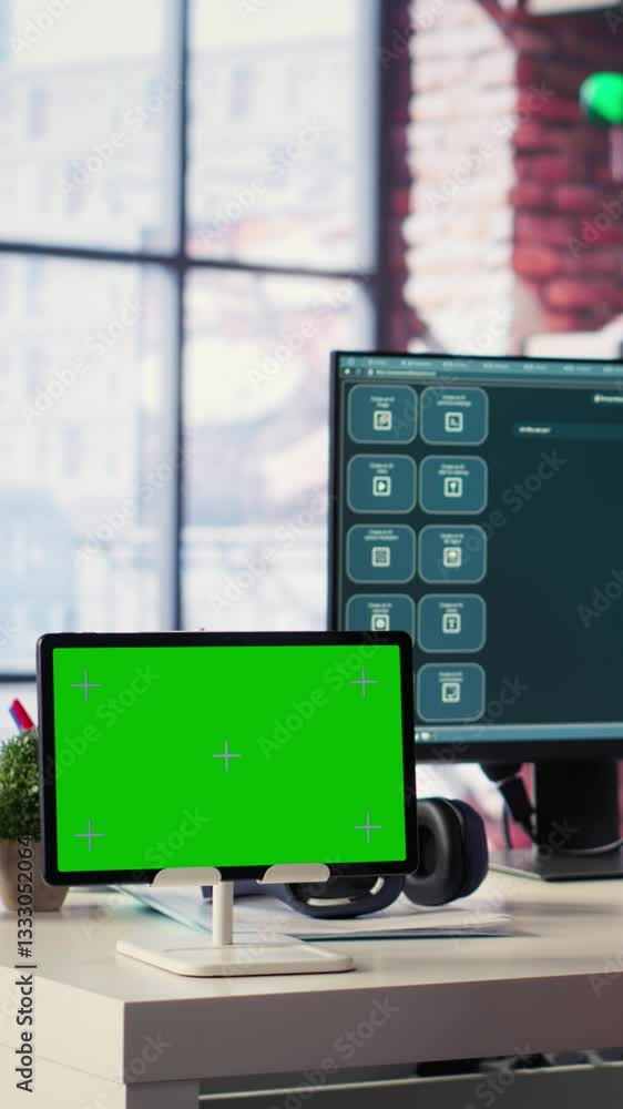 Fototapete vertical video woman interacting with intelligent ai chatbot next to mockup display, using innovativ