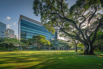 Obraz premium Modern office building surrounded by lush greenery under a clear sky, showcasing urban nature integration