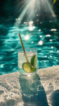 Mojito in glass near the pool on sunny day. Cold summer cocktail. Copy space. 