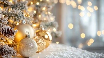 Two Christmas ornaments sit on a table with a festive tree in the background.