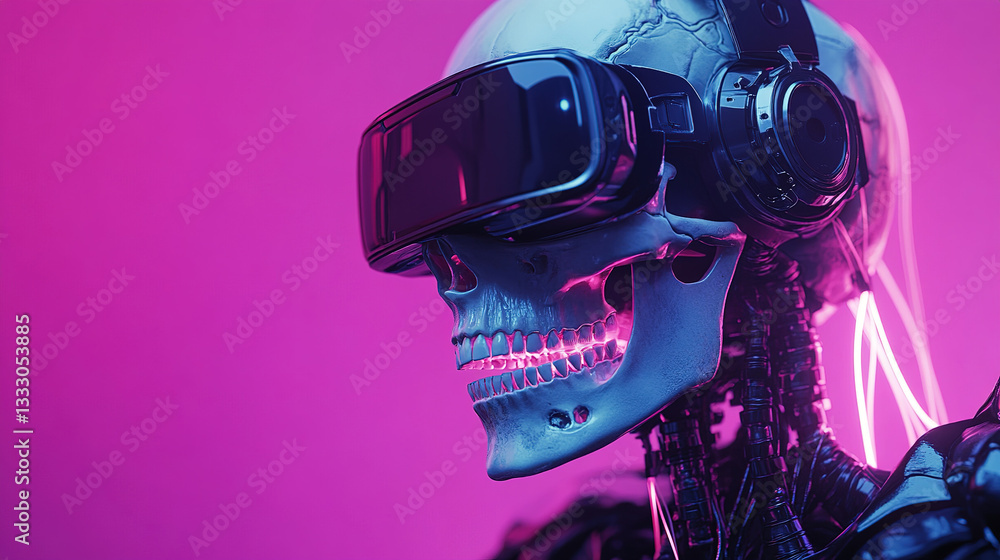 Poster futuristic vr experience with robot skeleton neon studio digital art cyber environment close-up view