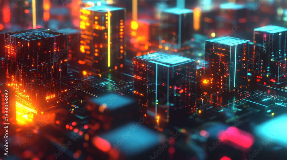 Poster cryptocurrency mining farm generating digital currency with multiple usb connected devices and power