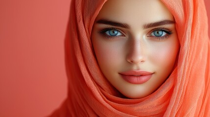 Fototapeta premium Woman with clear blue eyes and orange headscarf on plain orange background