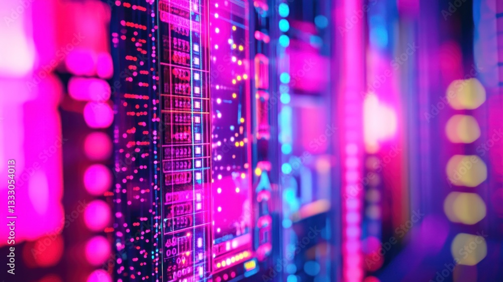 Poster futuristic data center with vibrant neon lights visualizing information flows