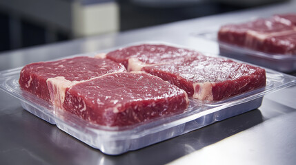 Flat artificial cultured beef meat production process. Cow biopsy, cells and muscle growth, lab bioreactor. Food science vector infographic. Laboratory grown synthetic meat, scientific experiment