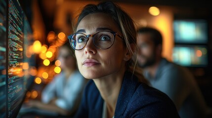 Woman with glasses analyzing code on screen in a dimly lit office
