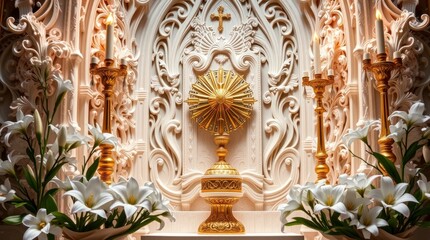 Fototapeta premium Golden Monstrance Altar Catholic Church Religious Image