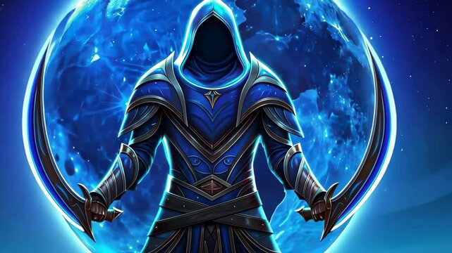 Stunning D illustration of an elf warrior with dual blades under a winter moon.