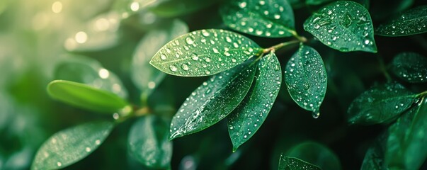 Fototapeta premium Raindrops glisten on lush green leaves, capturing nature's beauty and freshness after a gentle rain.