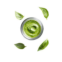 Obraz premium Basil Pesto in Glass Jar Isolated on White Background
