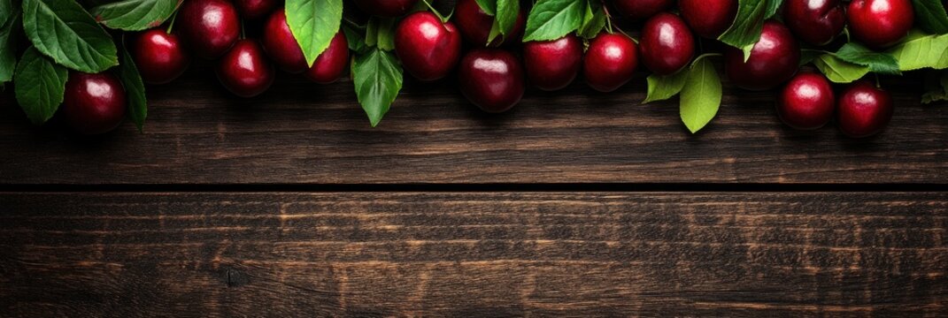 A collection of red plums rests on a wooden table surrounded by fresh green leaves.