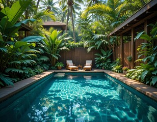 Luxury swimming pools in tropical resorts and hotels offer summer relaxation amidst palm trees and blue water