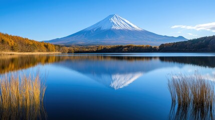 Distant Arafed Mountain with a serene lake in the foreground.