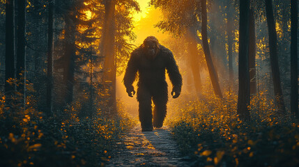 Mysterious bigfoot sighted in enchanted forest nature photography dusk environment captivating perspective