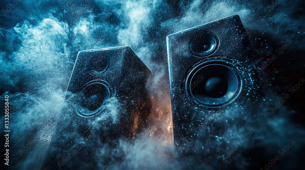 Poster dynamic sound waves emanating from speakers in a dark atmospheric setting digital art music environm