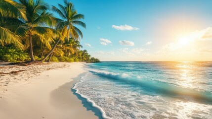 Arafly beach showcases palm trees and waves under clear blue skies on a sunny day.