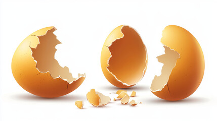 Realistic farm chicken egg broken, hatching chick stages. Cracked eggs with eggshell pieces. 3d fragile egg break in incubator vector set. Split shell with debris, cooking ingredient