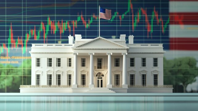 A white government building with a flag and financial charts