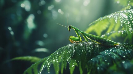 A praying mantis perched on a dew-covered fern, illuminated by sunlight. The insect and plant are vividly green against a blurred background.