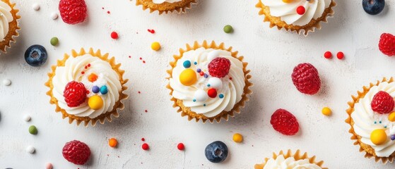 Fototapeta premium A close-up view of a table featuring colorful cupcakes and fresh berries.