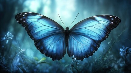 Majestic Blue Morpho Butterfly in Mystical Forest