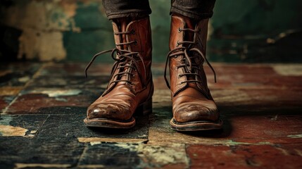 Worn leather boots on a textured floor.