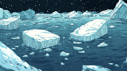 Ice floes. Antarctic floating glacier pieces, melting icebergs and frozen icy blocks, blue frost floe in cold water flat style. Vector cartoon set of , north iceberg melting illustration