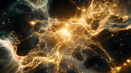 Luminous cosmic web of interconnected stars and nebulous clouds, shimmering with golden light against the dark expanse of space, a celestial network of radiant energy.