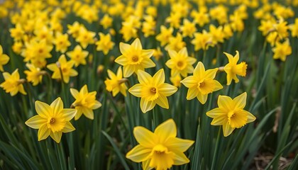 Obraz premium Vibrant yellow daffodils in a lush spring meadow, field, blossom