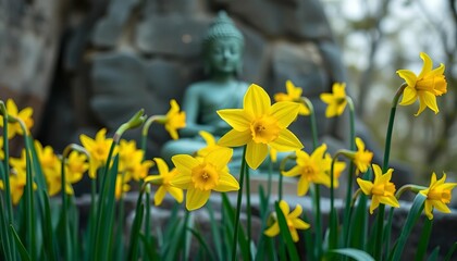 Fototapeta premium Vibrant yellow daffodils in foreground, serene Buddha statue softly blurred in background, background, plant