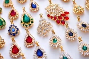 A close-up view of various colorful jewels arranged on a table.