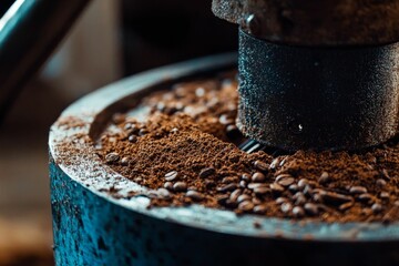 Coffee grinder grinding coffee beans close up.