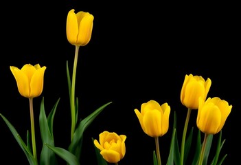 Fototapeta premium Vibrant yellow spring tulips against a stark black backdrop, background, bloom