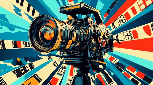 Vintage camera films radiating colorful energy