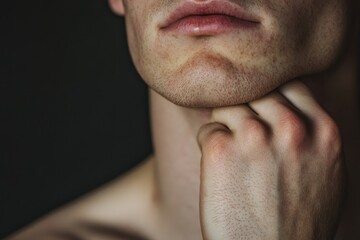 Obraz premium Close-up of a young male's thoughtful expression, hand resting on chin.