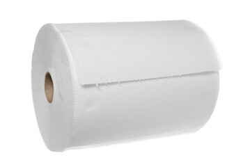 Roll of paper kitchen towels flying, isolated on white, clipping path