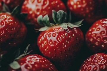 Close-up of ripe red strawberries with green leaves. AI image