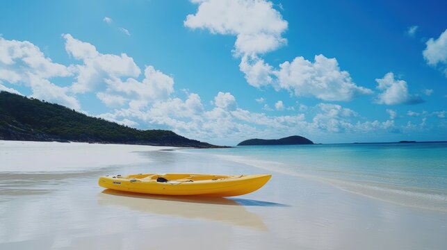 A yellow kayak rests on the beach beside the water, ready for adventure. - Powered by Adobe