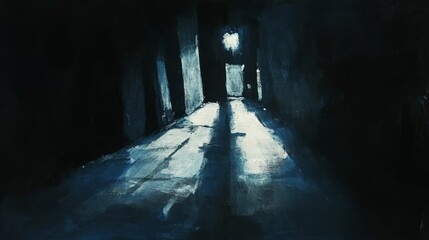 Fototapeta premium Dark hallway illuminated by distant light.