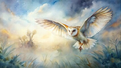 Obraz premium Watercolor Barn Owl in Flight