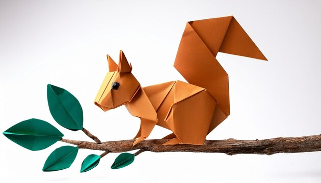 curious origami cartoon squirrel on a branch on a white