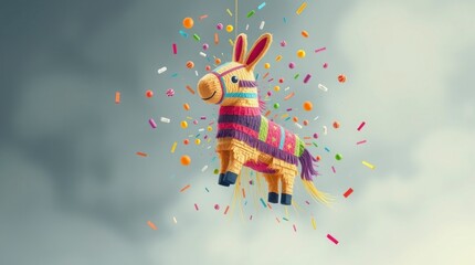 Naklejka premium Colorful Donkey PiÃ±ata Exploding with Candy Celebration