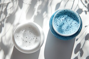Two beauty cream jars, white and blue, on a white surface with leaf shadows