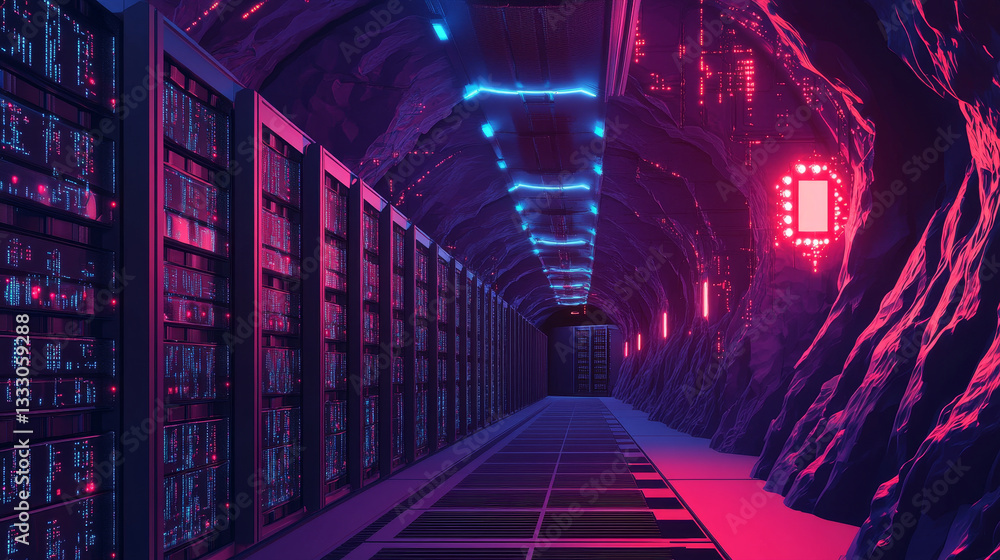 Poster blockchain mining. cryptography coins currency miner payment on ethereal mine laptop connected to bl